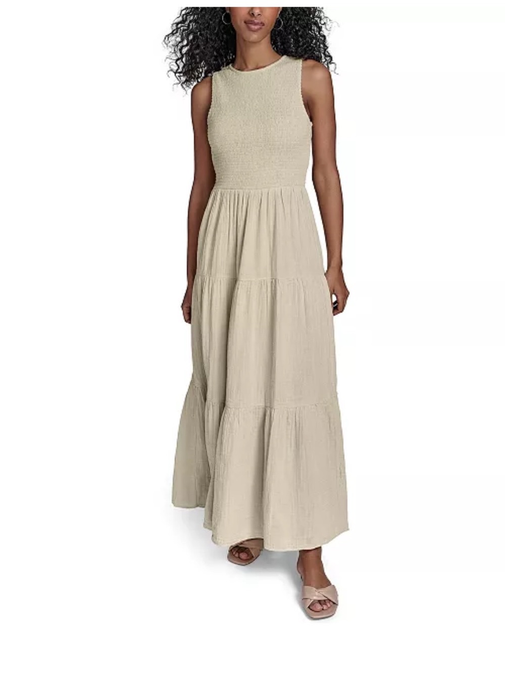 Calvin Klein Sleeveless Tiered Maxi Dress in Light Beige